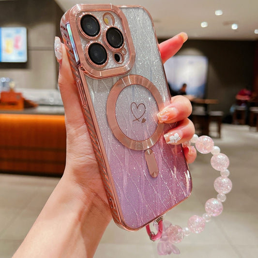 For iPhone 13 Pro Loves Leaves Gradient Glitter Bracelets Carbon Fiber Magsafe TPU Phone Case(Pink) by buy2fix