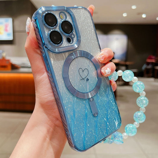 For iPhone 13 Pro Loves Leaves Gradient Glitter Bracelets Carbon Fiber Magsafe TPU Phone Case(Blue) by buy2fix