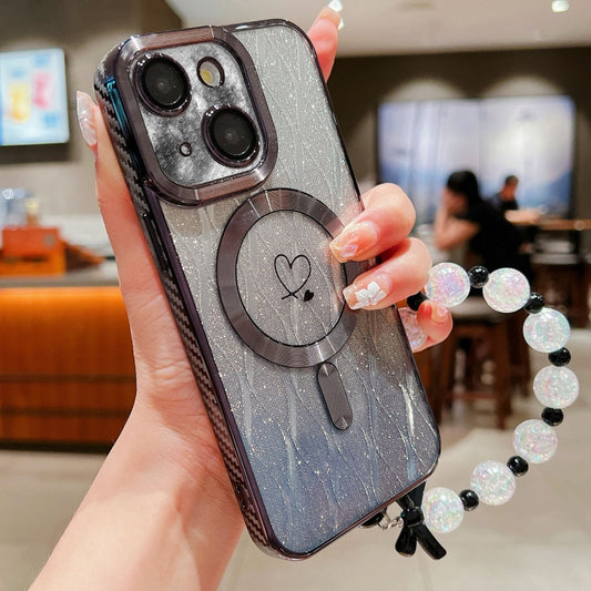 For iPhone 13 Loves Leaves Gradient Glitter Bracelets Carbon Fiber Magsafe TPU Phone Case(Black) by buy2fix