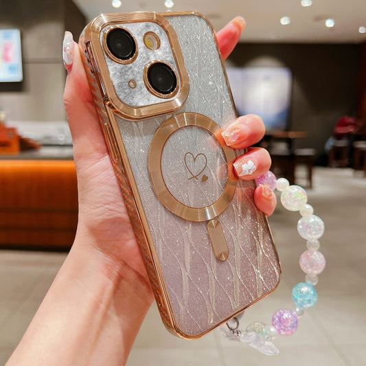 For iPhone 13 Loves Leaves Gradient Glitter Bracelets Carbon Fiber Magsafe TPU Phone Case(Gold) by buy2fix
