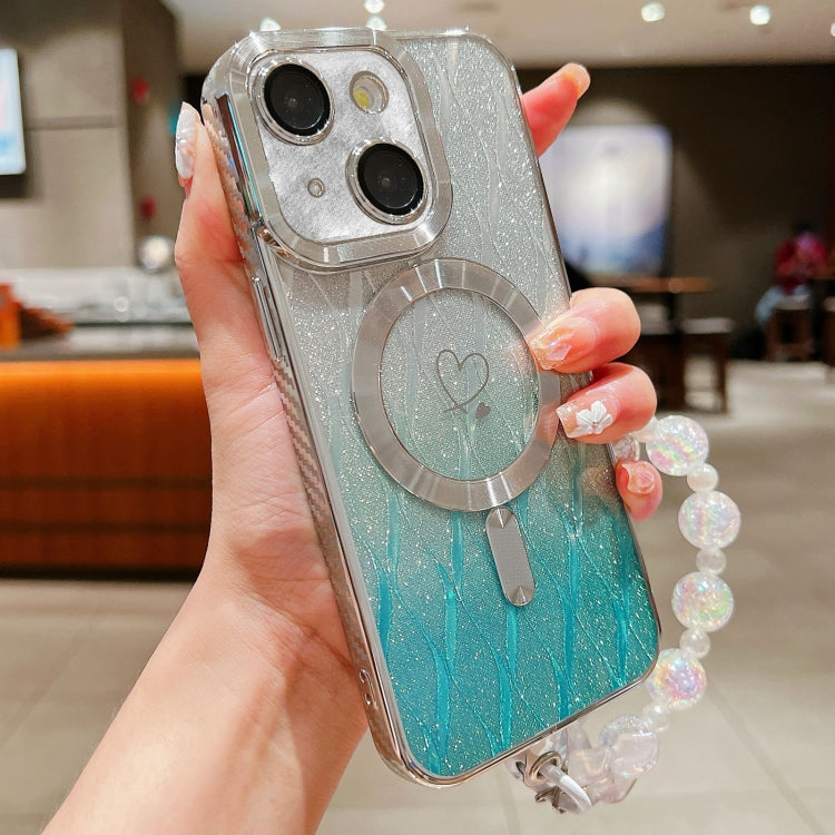 For iPhone 13 Loves Leaves Gradient Glitter Bracelets Carbon Fiber Magsafe TPU Phone Case(Green) by buy2fix