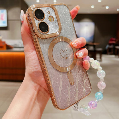 For iPhone 12 Loves Leaves Gradient Glitter Bracelets Carbon Fiber Magsafe TPU Phone Case(Gold) by buy2fix