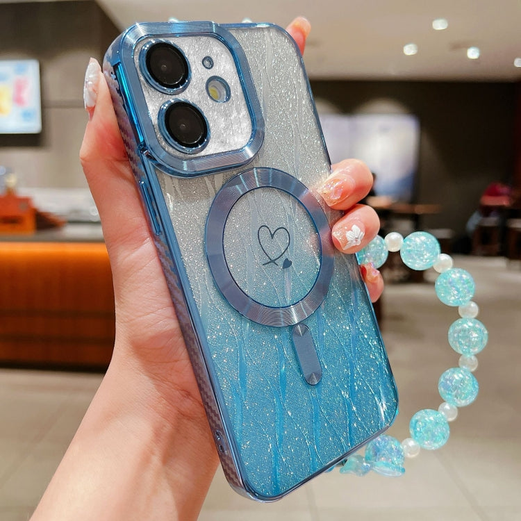 For iPhone 12 Loves Leaves Gradient Glitter Bracelets Carbon Fiber Magsafe TPU Phone Case(Blue) by buy2fix