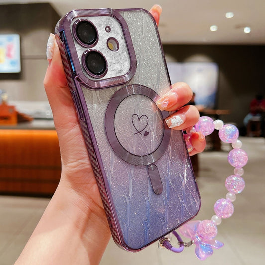 For iPhone 12 Loves Leaves Gradient Glitter Bracelets Carbon Fiber Magsafe TPU Phone Case(Purple) by buy2fix