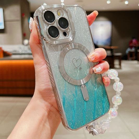 For iPhone 12 Pro Max Loves Leaves Gradient Glitter Bracelets Carbon Fiber Magsafe TPU Phone Case(Green) by buy2fix