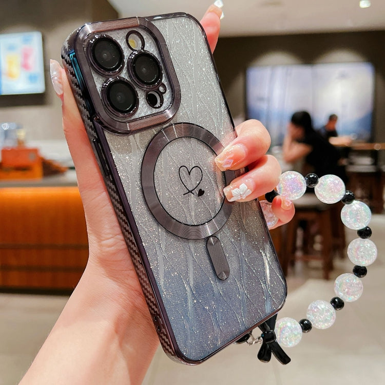 For iPhone 12 Pro Loves Leaves Gradient Glitter Bracelets Carbon Fiber Magsafe TPU Phone Case(Black) by buy2fix