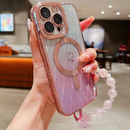 For iPhone 11 Pro Max Loves Leaves Gradient Glitter Bracelets Carbon Fiber Magsafe TPU Phone Case(Pink) by buy2fix