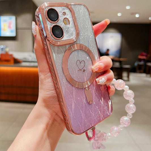 For iPhone 11 Loves Leaves Gradient Glitter Bracelets Carbon Fiber Magsafe TPU Phone Case(Pink) by buy2fix