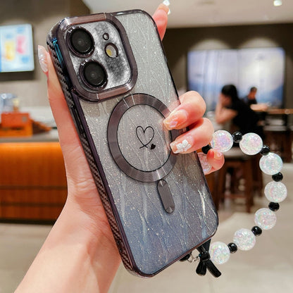 For iPhone 11 Loves Leaves Gradient Glitter Bracelets Carbon Fiber Magsafe TPU Phone Case(Black) by buy2fix