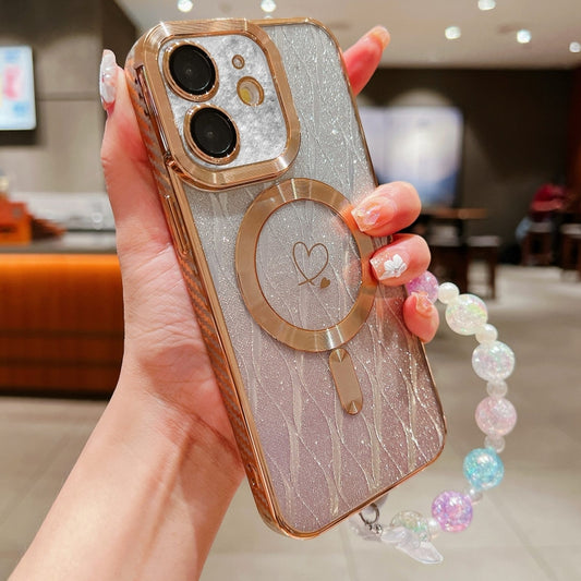 For iPhone 11 Loves Leaves Gradient Glitter Bracelets Carbon Fiber Magsafe TPU Phone Case(Gold) by buy2fix