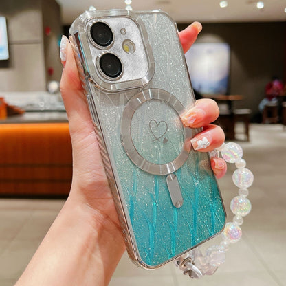 For iPhone 11 Loves Leaves Gradient Glitter Bracelets Carbon Fiber Magsafe TPU Phone Case(Green) by buy2fix