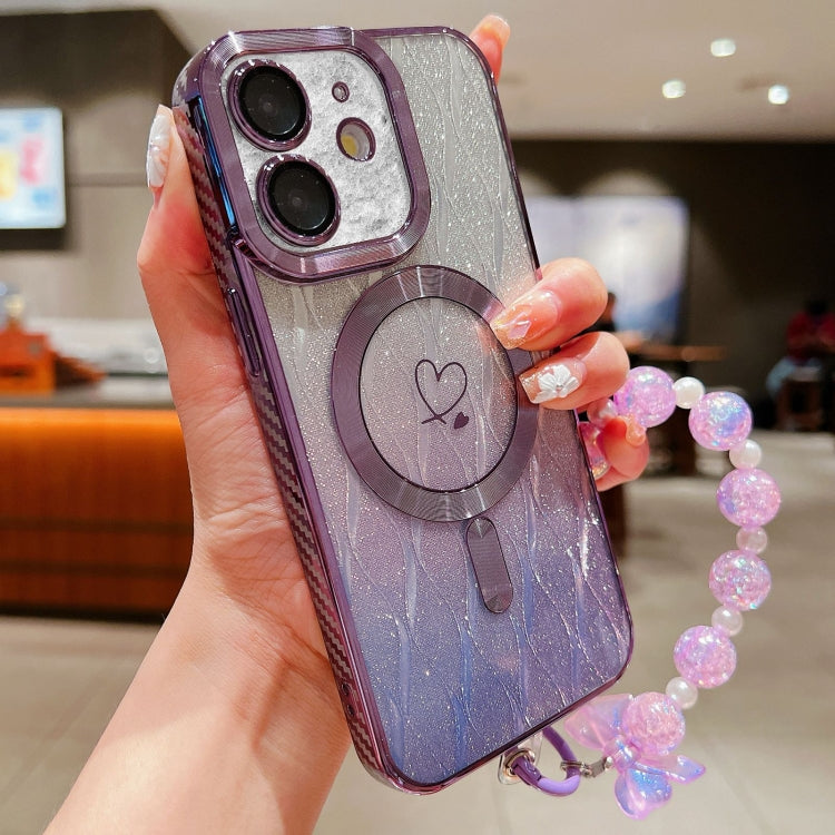 For iPhone 11 Loves Leaves Gradient Glitter Bracelets Carbon Fiber Magsafe TPU Phone Case(Purple) by buy2fix