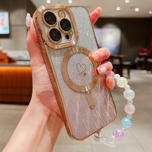 For iPhone 11 Pro Loves Leaves Gradient Glitter Bracelets Carbon Fiber Magsafe TPU Phone Case(Gold) by buy2fix