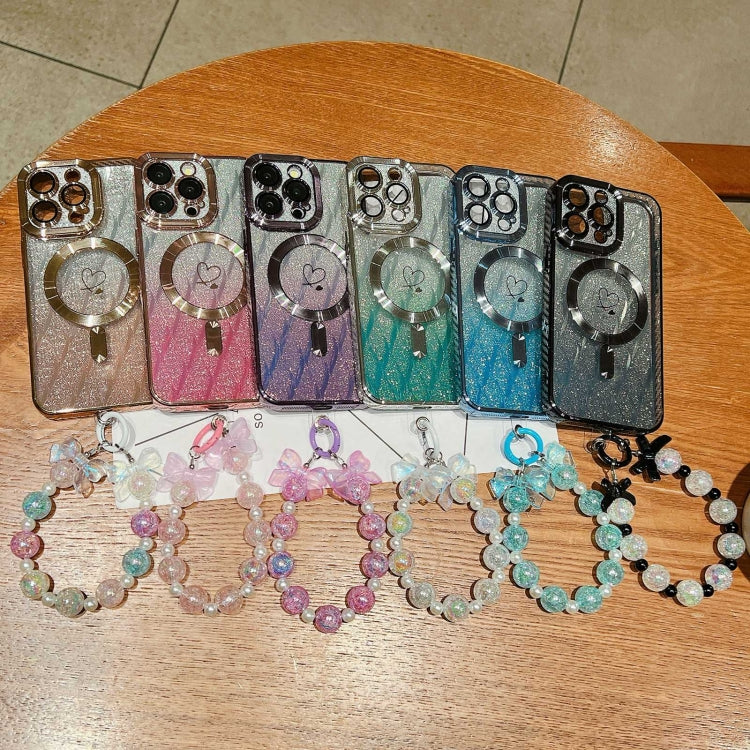 For iPhone 11 Loves Leaves Gradient Glitter Bracelets Carbon Fiber Magsafe TPU Phone Case(Blue) by buy2fix