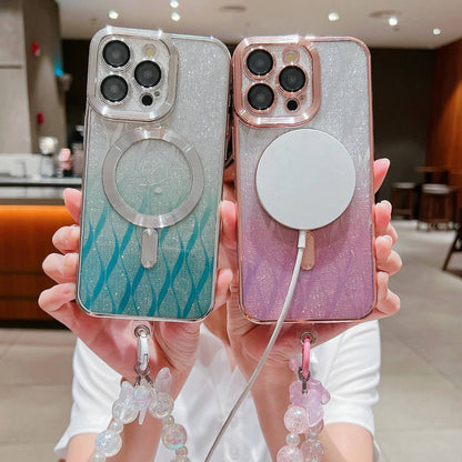 For iPhone 12 Pro Loves Leaves Gradient Glitter Bracelets Carbon Fiber Magsafe TPU Phone Case(Black) by buy2fix