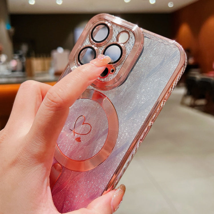 For iPhone 13 Loves Leaves Gradient Glitter Bracelets Carbon Fiber Magsafe TPU Phone Case(Green) by buy2fix