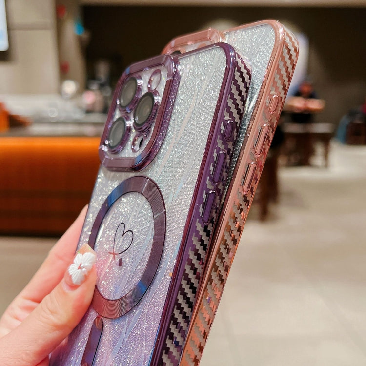 For iPhone 11 Pro Max Loves Leaves Gradient Glitter Bracelets Carbon Fiber Magsafe TPU Phone Case(Blue) by buy2fix