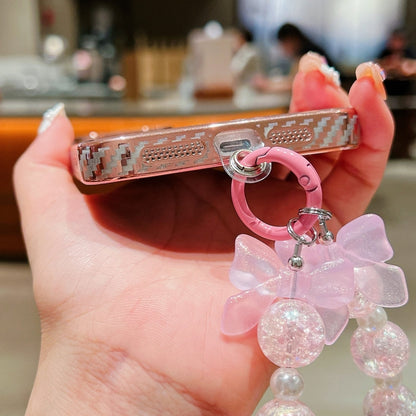 For iPhone 12 Pro Loves Leaves Gradient Glitter Bracelets Carbon Fiber Magsafe TPU Phone Case(Pink) by buy2fix