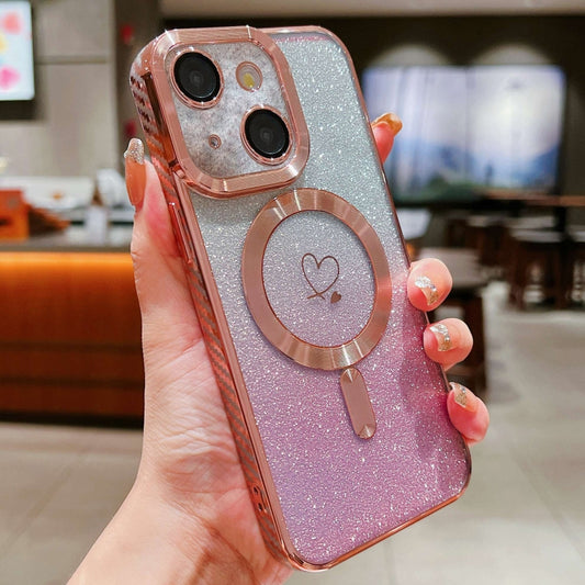 For iPhone 14 Loves Gradient Glitter Carbon Fiber Magsafe TPU Phone Case(Pink) by buy2fix