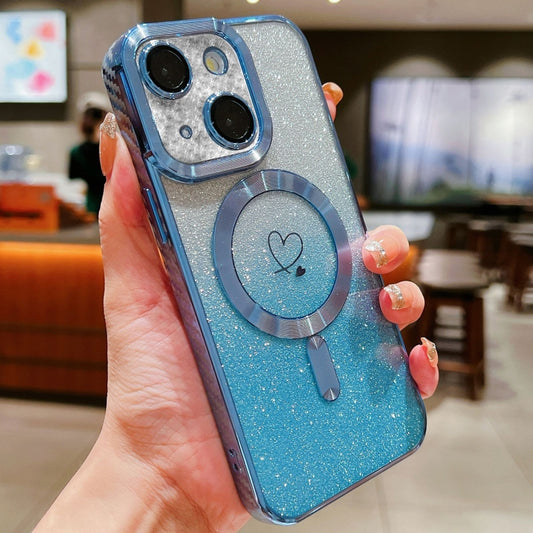 For iPhone 14 Loves Gradient Glitter Carbon Fiber Magsafe TPU Phone Case(Blue) by buy2fix
