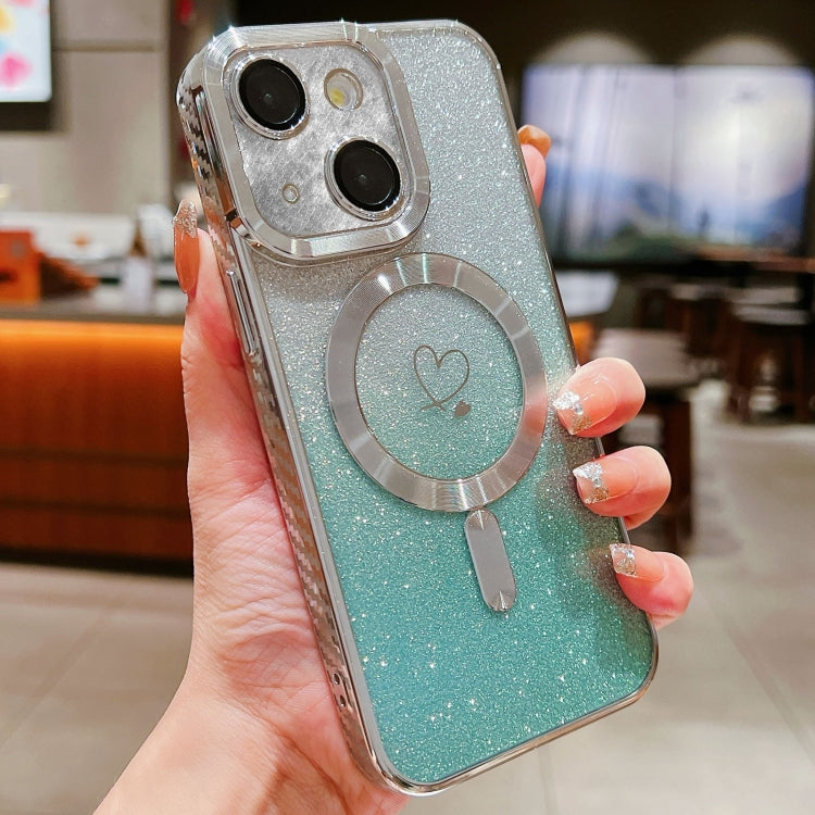 For iPhone 14 Loves Gradient Glitter Carbon Fiber Magsafe TPU Phone Case(Green Silver) by buy2fix