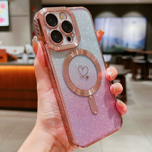 For iPhone 13 Pro Loves Gradient Glitter Carbon Fiber Magsafe TPU Phone Case(Pink) by buy2fix