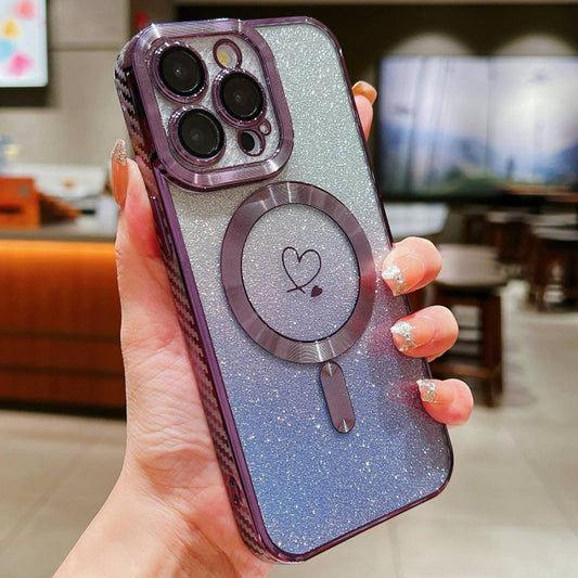 For iPhone 13 Pro Loves Gradient Glitter Carbon Fiber Magsafe TPU Phone Case(Purple) by buy2fix