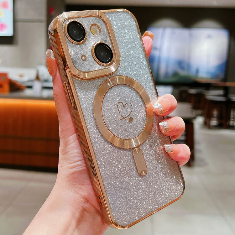 For iPhone 13 Loves Gradient Glitter Carbon Fiber Magsafe TPU Phone Case(Gold) by buy2fix