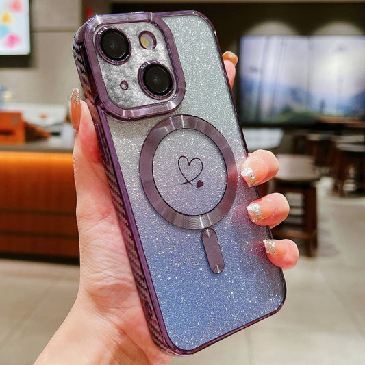 For iPhone 13 Loves Gradient Glitter Carbon Fiber Magsafe TPU Phone Case(Purple) by buy2fix