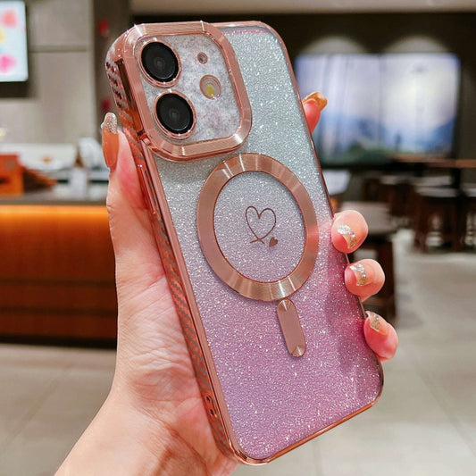 For iPhone 12 Loves Gradient Glitter Carbon Fiber Magsafe TPU Phone Case(Pink) by buy2fix