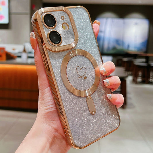 For iPhone 12 Loves Gradient Glitter Carbon Fiber Magsafe TPU Phone Case(Gold) by buy2fix