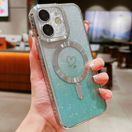 For iPhone 12 Loves Gradient Glitter Carbon Fiber Magsafe TPU Phone Case(Green Silver) by buy2fix
