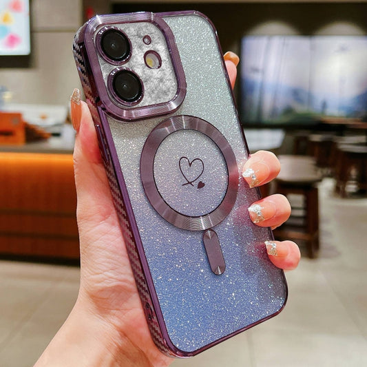 For iPhone 12 Loves Gradient Glitter Carbon Fiber Magsafe TPU Phone Case(Purple) by buy2fix