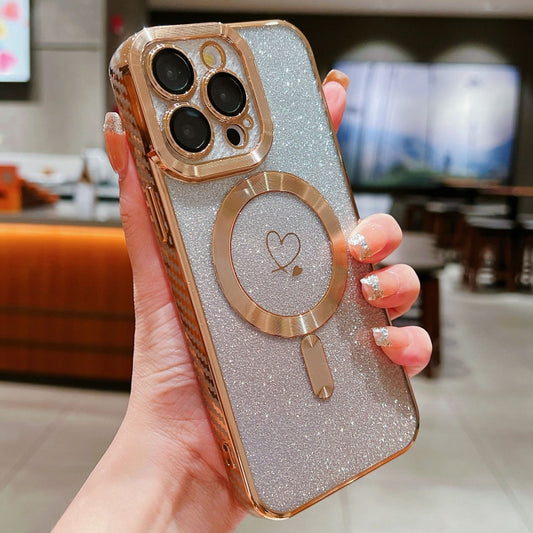For iPhone 12 Pro Max Loves Gradient Glitter Carbon Fiber Magsafe TPU Phone Case(Gold) by buy2fix
