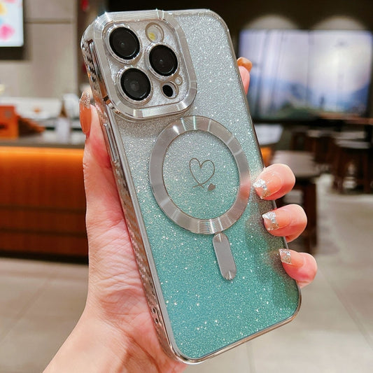 For iPhone 11 Pro Loves Gradient Glitter Carbon Fiber Magsafe TPU Phone Case(Green Silver) by buy2fix