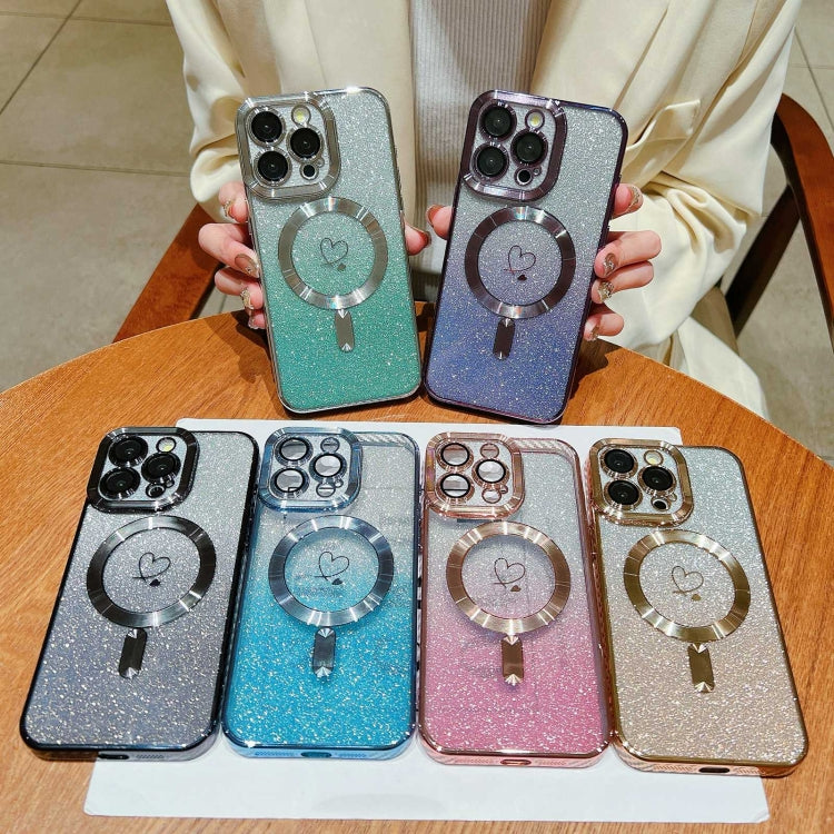 For iPhone 13 Pro Loves Gradient Glitter Carbon Fiber Magsafe TPU Phone Case(Gold) by buy2fix