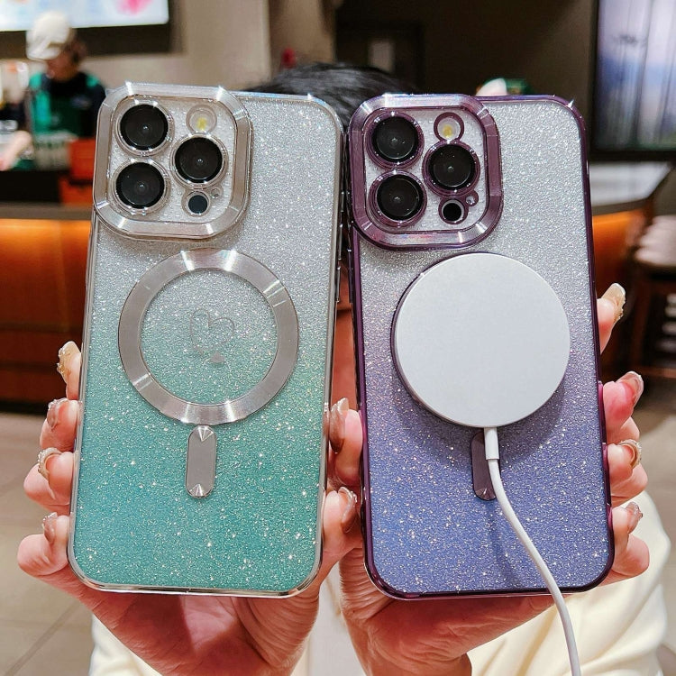 For iPhone 13 Loves Gradient Glitter Carbon Fiber Magsafe TPU Phone Case(Green Silver) by buy2fix