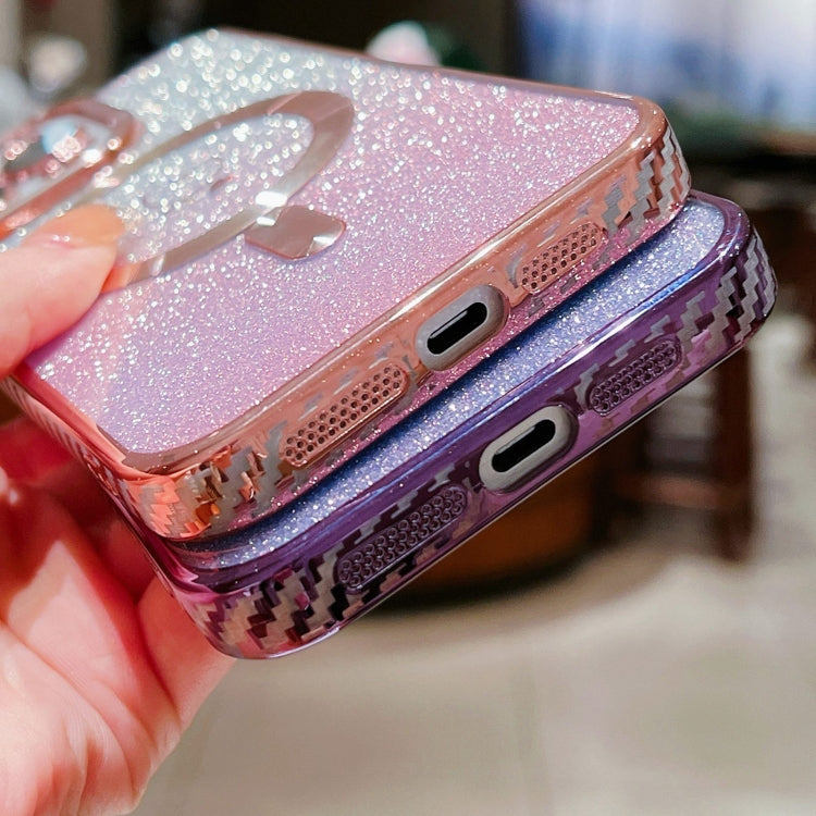 For iPhone 13 Loves Gradient Glitter Carbon Fiber Magsafe TPU Phone Case(Pink) by buy2fix