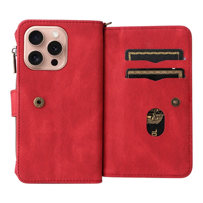 For iPhone 16 Pro Skin Feel Multi Card Slots Zipper Wallet Leather Phone Case(Red) - iPhone 16 Pro Cases by buy2fix | Online Shopping UK | buy2fix