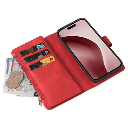 For iPhone 16 Pro Skin Feel Multi Card Slots Zipper Wallet Leather Phone Case(Red) - iPhone 16 Pro Cases by buy2fix | Online Shopping UK | buy2fix