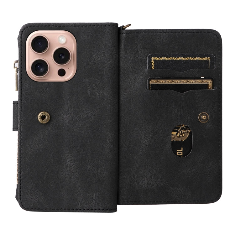 For iPhone 16 Pro Skin Feel Multi Card Slots Zipper Wallet Leather Phone Case(Black) - iPhone 16 Pro Cases by buy2fix | Online Shopping UK | buy2fix
