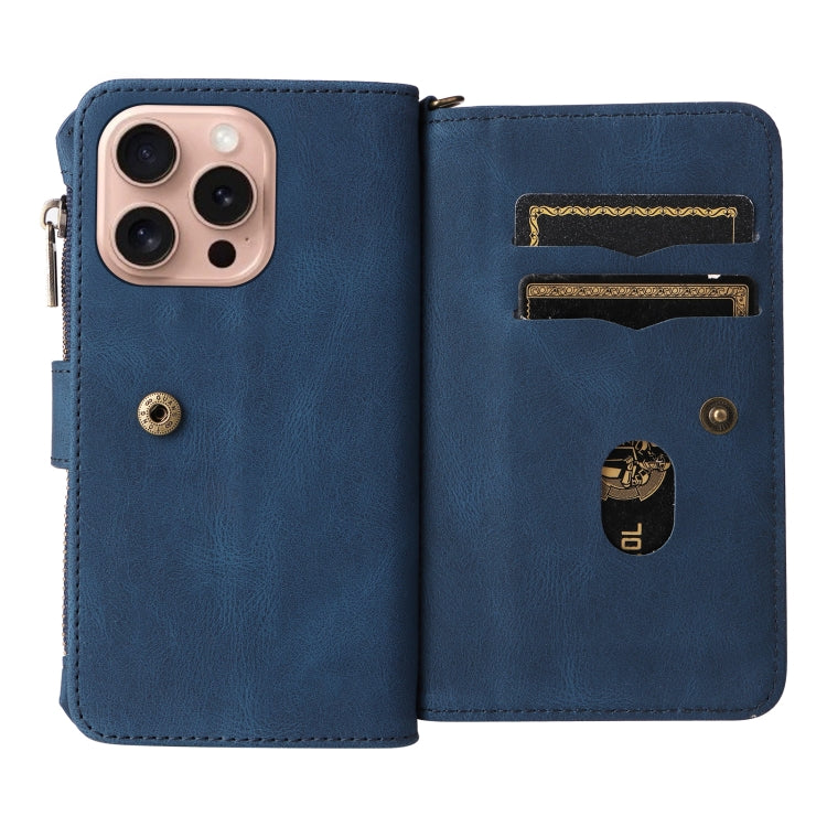 For iPhone 16 Pro Skin Feel Multi Card Slots Zipper Wallet Leather Phone Case(Blue) - iPhone 16 Pro Cases by buy2fix | Online Shopping UK | buy2fix