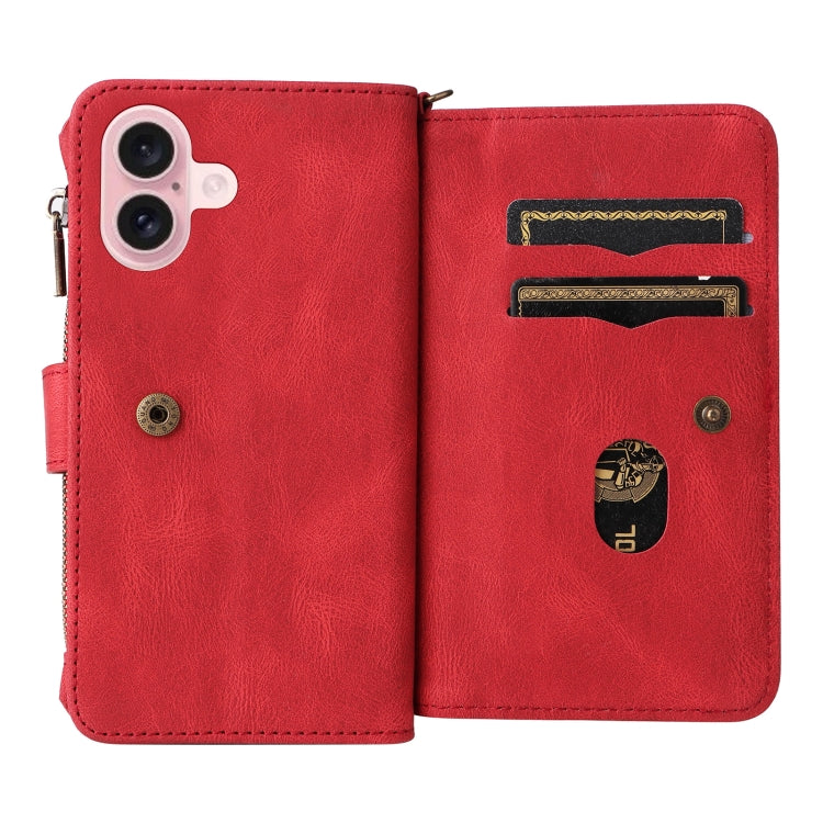 For iPhone 16 Skin Feel Multi Card Slots Zipper Wallet Leather Phone Case(Red) - iPhone 16 Cases by buy2fix | Online Shopping UK | buy2fix