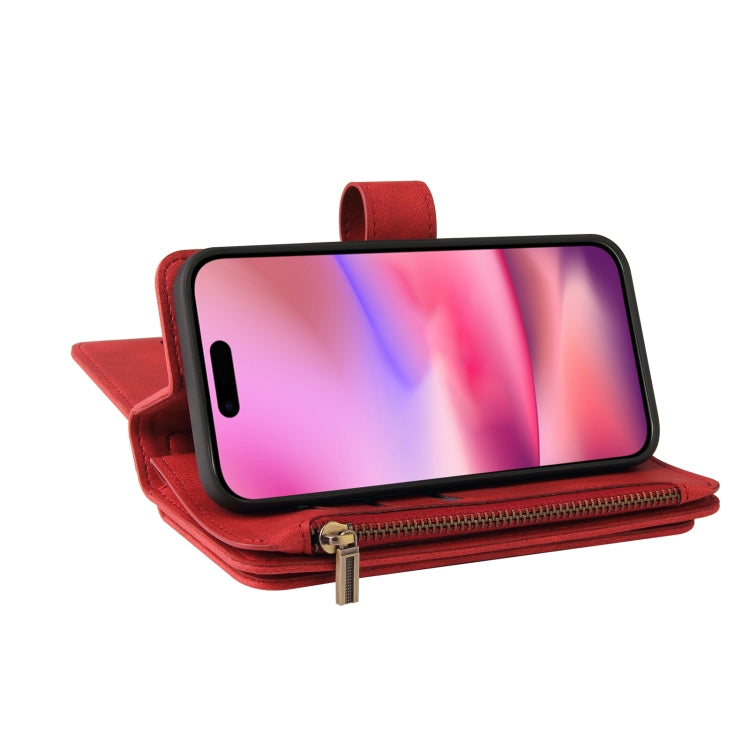 For iPhone 16 Skin Feel Multi Card Slots Zipper Wallet Leather Phone Case(Red) - iPhone 16 Cases by buy2fix | Online Shopping UK | buy2fix