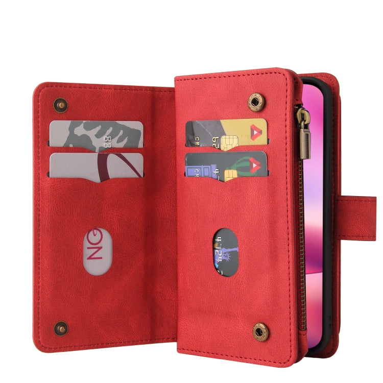 For iPhone 16 Skin Feel Multi Card Slots Zipper Wallet Leather Phone Case(Red) - iPhone 16 Cases by buy2fix | Online Shopping UK | buy2fix