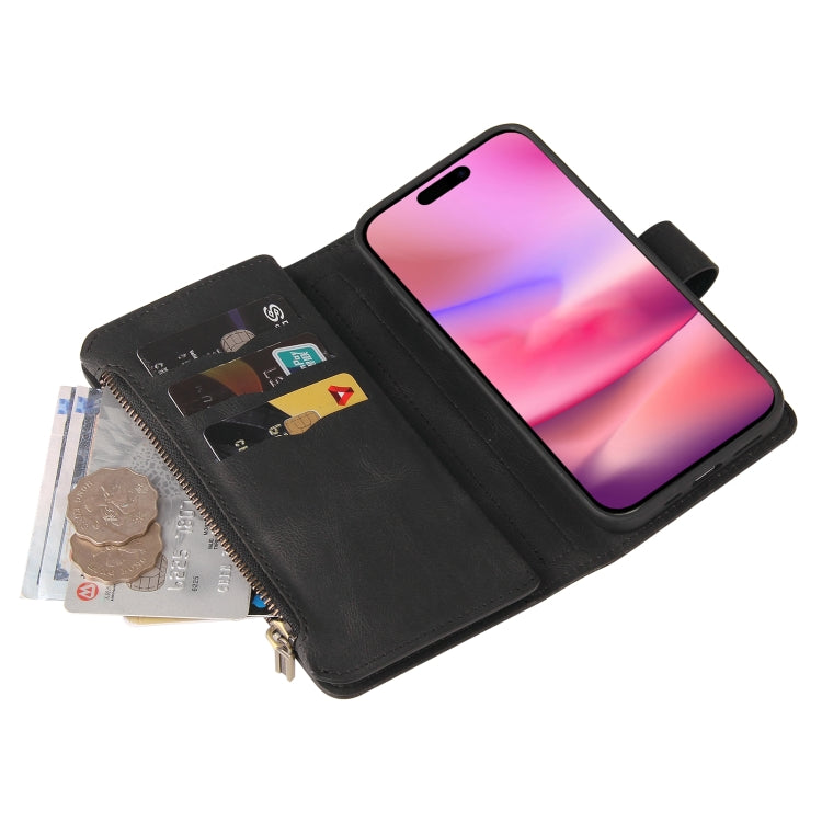 For iPhone 16 Skin Feel Multi Card Slots Zipper Wallet Leather Phone Case(Black) - iPhone 16 Cases by buy2fix | Online Shopping UK | buy2fix
