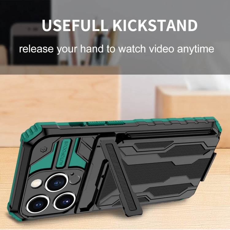 For iPhone 15 Pro Max Kickstand Armor Card Wallet Phone Case(Deep Green) by buy2fix