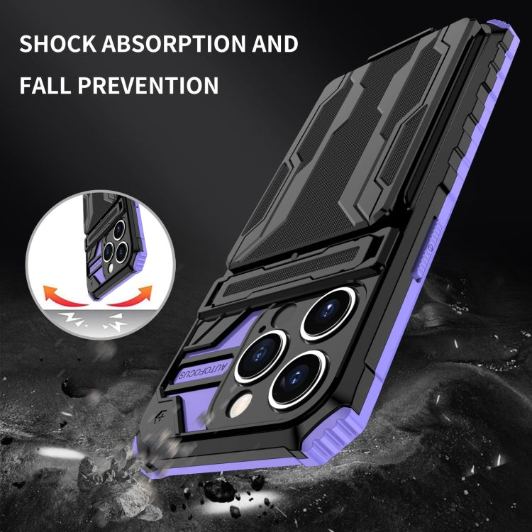 For iPhone 15 Pro Kickstand Armor Card Wallet Phone Case(Purple) - iPhone 15 Pro Cases by buy2fix | Online Shopping UK | buy2fix