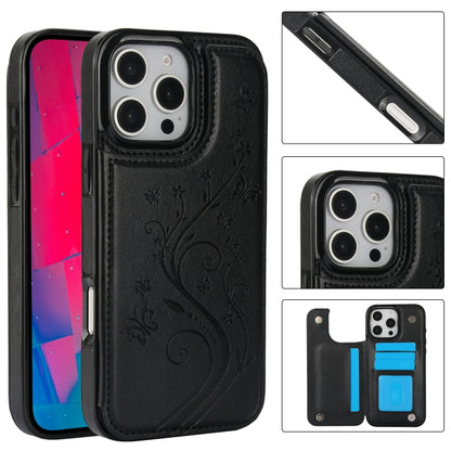 For iPhone 16 Pro Max Double Buckle Butterfly Embossing PU Phone Case(Black) by buy2fix
