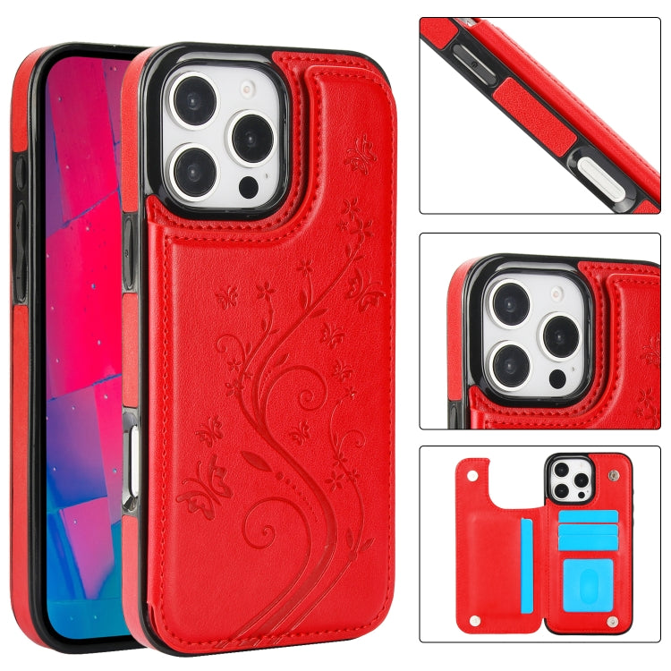 For iPhone 16 Pro Max Double Buckle Butterfly Embossing PU Phone Case(Red) by buy2fix